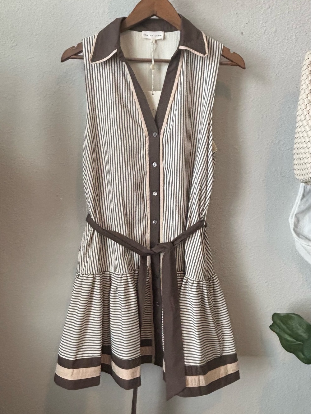 entro Brown and Cream Striped Blouse with Contrast Trim